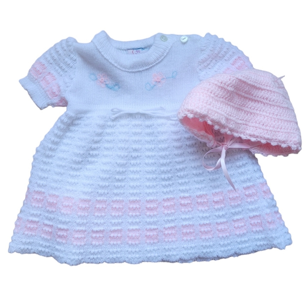 Vintage 1980s acrylic wool knit baby girl dress with matching pink bonnet